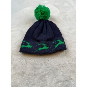 Vermont Originals Navy Blue Knit Beanie with Green Reindeer Pom‎